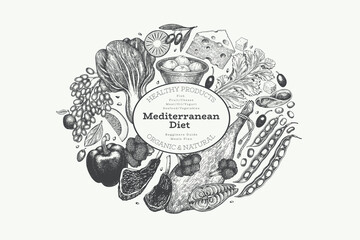 Mediterranean Cuisine Design Template. Vector Hand Drawn Healthy Food Banner. Vintage Style Menu Illustration. - 715814729
