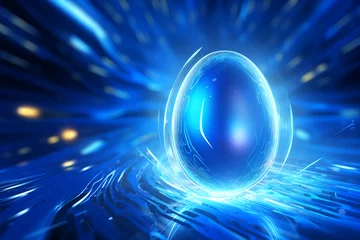 Poster Luminous blue futuristic glowing Easter egg in swirling digital cyber vortex © MariiaDemchenko