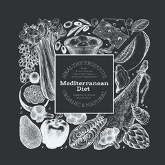 Mediterranean Cuisine Design Template. Vector Hand Drawn Healthy Food Banner. Vintage Style Menu Chalk Board Illustration. - 715814745