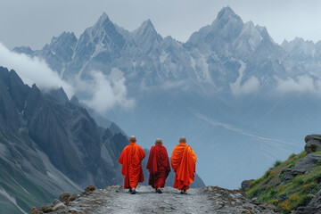 three Buddhist monks walking along a mountain road - obrazy, fototapety, plakaty
