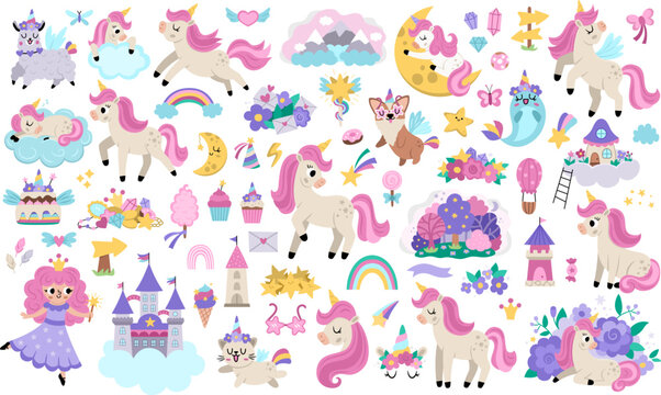 Vector unicorns set. Big collection with fairytale characters, fairy, animals with horns, castle on cloud, rainbow, falling stars, crystals, sweets. Fantasy world clip art