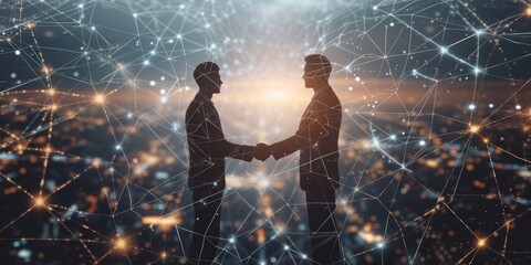 two business people shaking hands with a large network around them Generative AI