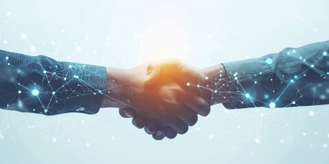 two businesspeople shaking hands with an internet connection over a blue background Generative AI - obrazy, fototapety, plakaty