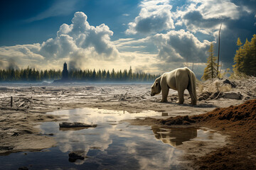 View at Climate Change and What Can Happen, A Polar Bear, Looking for Food, on a Dry River Bed - obrazy, fototapety, plakaty