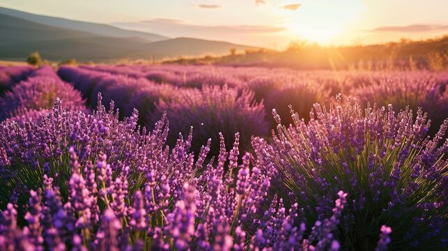 Beautiful bright lavender fields at sunset. Created with Generative Ai technology. © Viktor