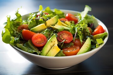 A vibrant bowl of mixed greens, tossed in a tangy vinaigrette and garnished with cherry tomatoes and avocado slices.