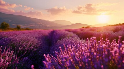 Beautiful bright lavender fields at sunset. Created with Generative Ai technology.