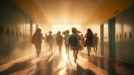 Foto op Canvas Back to school concept, students running at corridor to classroom at morning with soft sunlight, photo with copy space for texts © AUNTYANN
