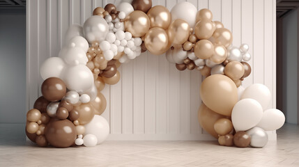 Fototapeta na wymiar Semi arch decorated with white beige and brown balloons celebration decoration background