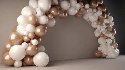 Semi arch decorated with white beige and brown balloons celebration decoration background