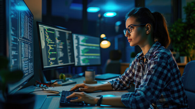 Focused female programmer working in a dark office environment, typing intently on a keyboard while multiple monitors display lines of code