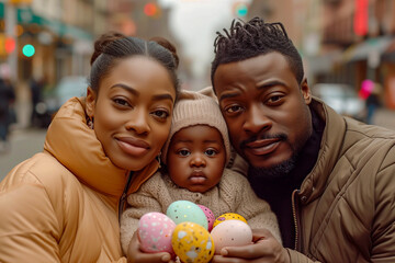 Obraz na płótnie Canvas Brown Skin Family, Smiling at There Collection of Colorful Easter Eggs, on Easter Sunday