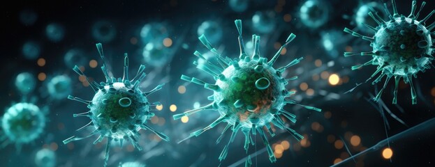 Fototapeta premium The microscopic world unfolds, revealing a dynamic virus with meticulous details, instilling a sense of urgency and impending danger.