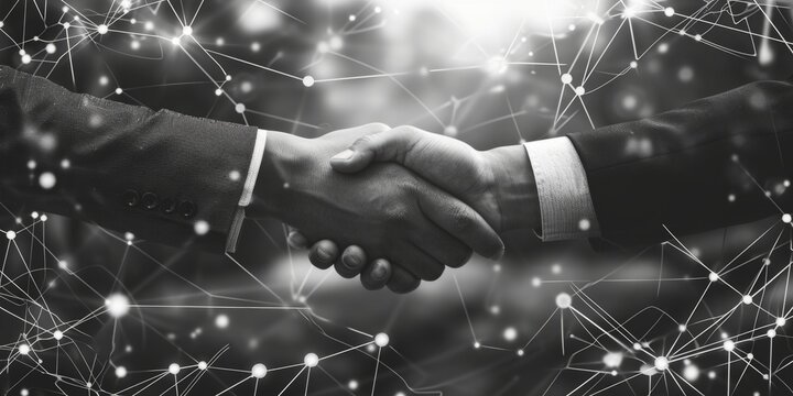 two businessmen shaking hands with network and Internet concept over an abstract image Generative AI