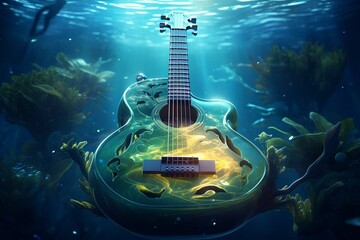 Illustration of an underwater acoustic guitar integrated into a magical aquatic environment with bioluminescence, organic shapes, and mesmerizing lights. Generative AI
