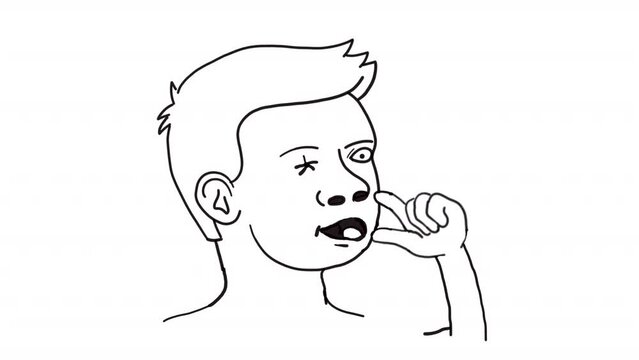 Man picks the eye out through the nose like a booger and eats it - the eye snaps back into place. Funny cartoon caricature. Looped outline animation with alpha channel