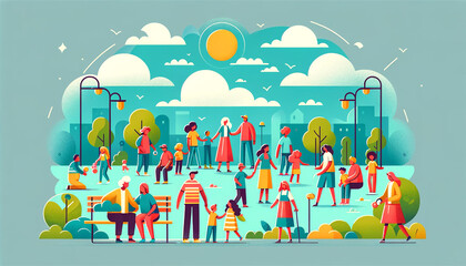 Colorful illustration of various people enjoying a sunny day in a busy city park with trees, benches and clear blue sky. Family recreation concept. AI generated.