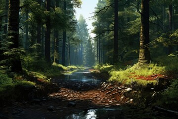 Fototapeta premium Realistic deep forest ,Deep Forest Fantasy Backdrop Concept Art Realistic Illustration Background Ai generated