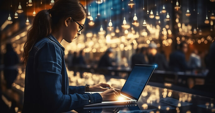 Women using laptop trying software developer or working in technological with blurry office. A female programer working on computer laptop in data centre system,Generative AI