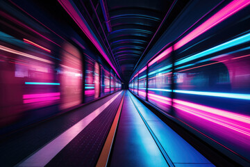 Fototapeta na wymiar Abstract tunnel with colorful trails. Glowing neon colored lines in cyberspace. Futuristic background