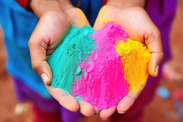 Hands Holding Vibrant Powder, pink, yellow, green, blue color powder, Unity and Joy, Ideal for Event Promotions, Colorful Holi Festival Celebrations.