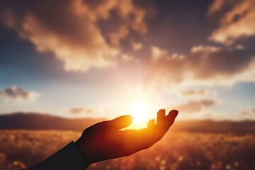 Silhouette of hand prayer person worship God with sunrise - obrazy, fototapety, plakaty