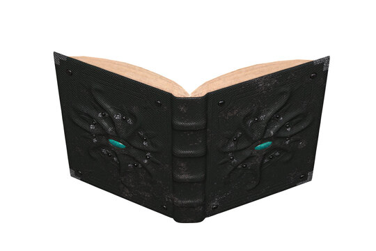Open grimoire magical spell book with black leather cover. Isolated 3D illustration.
