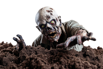Zombie man isolated on transparent background. Bloody male zombie crawls out of the grave soil and stretches out its arms. Zombie apocalypse