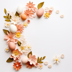Naklejka na ściany i meble Creative Easter layout with flowers and leaves on a white paper background. Spring nature Easter holiday minimal concept.