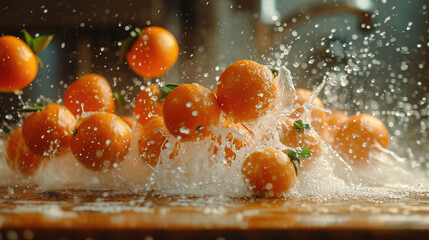 Ripe tomatoes with water splash on a wooden surface