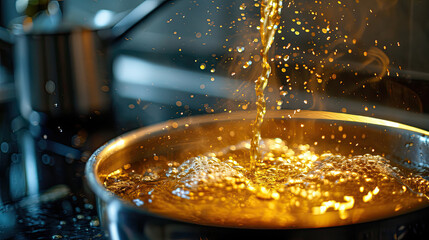 Hot oil splashing in a pan during cooking - obrazy, fototapety, plakaty