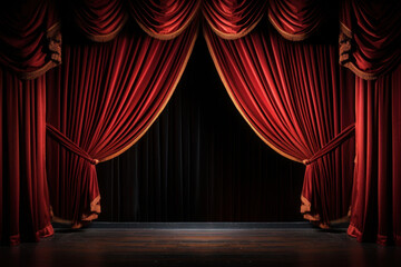 Empty theatre stage with red curtain. Stage background with copy space