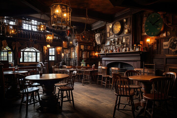 Fototapeta na wymiar Traditional vintage pub interior. Restaurant with empty seats