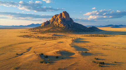 Fototapeta na wymiar Golden sunlight bathing a lone mountain in a vast desert.