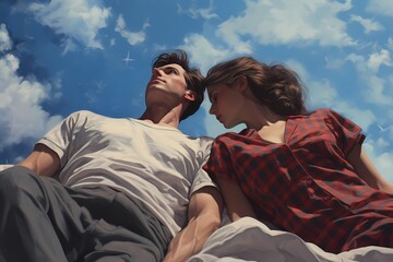A couple lying on a picnic blanket, gazing up at the clouds, lost in their own world.