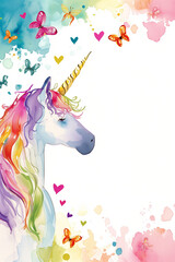 scrapbook background page, in the corner of page, watercolor illustration of a unicorn, hearts, butterflies on a solid white background
