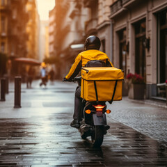 Courier -  scooter driver in yellow uniform, with large bulky backpack on his back rides on scooter to deliver ordered products. Service of ordering goods via Internet. Background of city, after rain