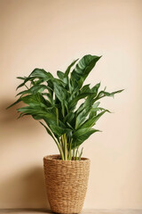 Ornamental green houseplant with wide leaves stands on floor in beige wicker pot, on background of beige wall with space for text. Boho style. Side natural lighting. Copy space.