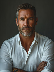 Handsome white man, green eyes, good physical condition, CEO, short beard, 45 years old, gray background. Realistic studio photography style. Advertising concept.