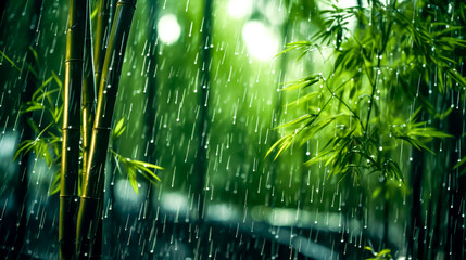 Bamboo tree in the rain with blurry image of the leaves.