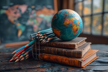 Educational Bookshelf with a World Globe and Pencils Generative AI