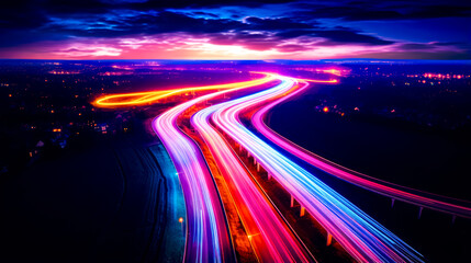Long exposure photo of highway at night with long exposure of light streaks. - obrazy, fototapety, plakaty