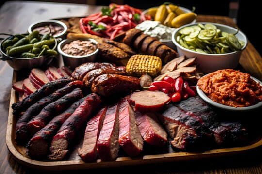 A traditional Texan barbecue feast, with perfectly smoked brisket, ribs, and sausage sizzling on the grill.