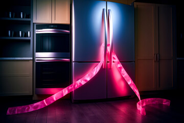 Kitchen with refrigerator and pink ribbon on the side of it.