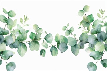 Eucalyptus leaves border. Watercolor illustration isolated on white. Greenery clipart for wedding invitation, greeting cards, save the date, stationery design. Hand drawn green herbs - Powered by Adobe