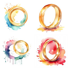 Set of watercolor golden rings. Shining gold accessories in png format isolated on white background. Ai generated illustration.
