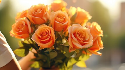 Obraz premium A bouquet of yellow, orange roses in women's hands for congratulations on Mother's Day, Valentine's Day, Women's Day. Blurred background.