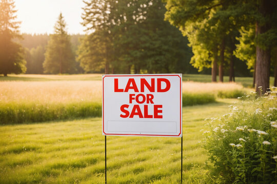 Land for sale sign. Real estate conceptual image. White sign symbolizes sale of building plot. Blurred green lawn in background. Simple board advertising sale of land. Buying land.