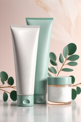 Different cosmetic bottles and container, cosmetics with eucalyptus background.