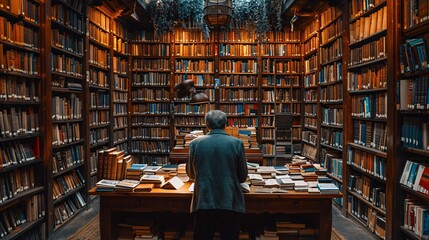 A Man Reading in a Library with a Bookshelf of Books and Magazines Generative AI
